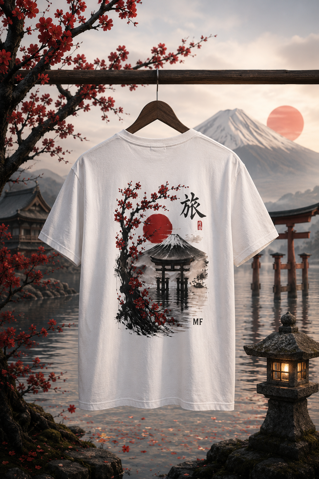 T-shirt paysage japonais | T-shirt graphique mont Fuji, cerisiers en fleurs et porte torii | T-shirt voyage au Japon