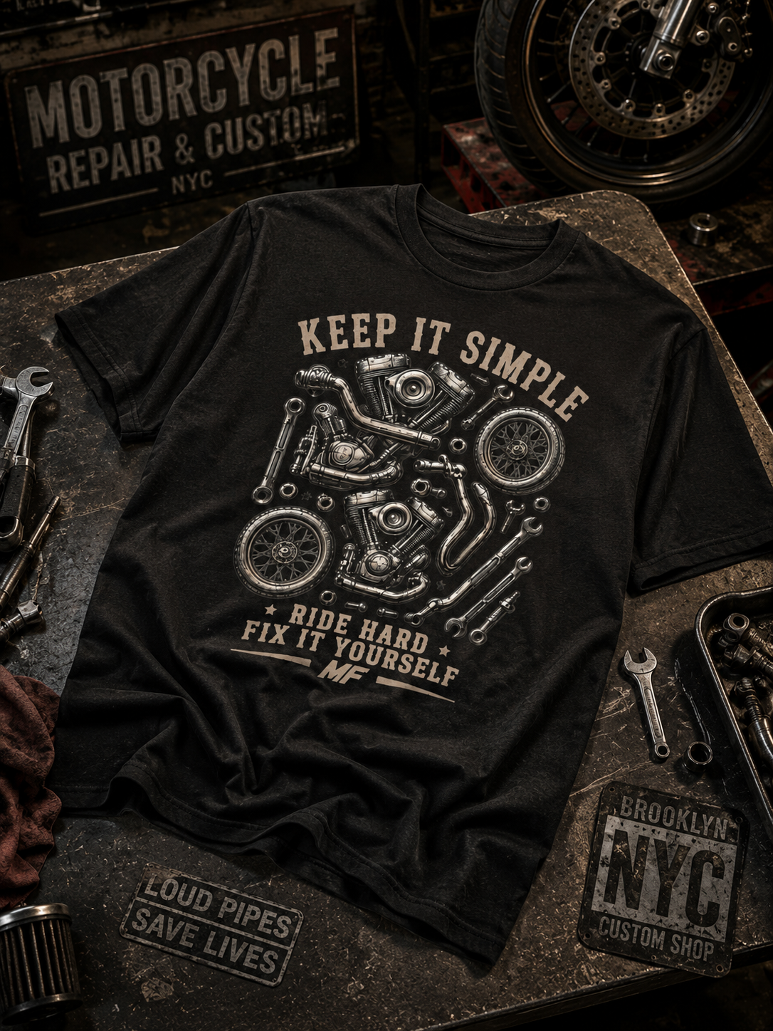T-shirt de moto « Keep It Simple » | Roule à fond, répare toi-même | T-shirt de motard vintage