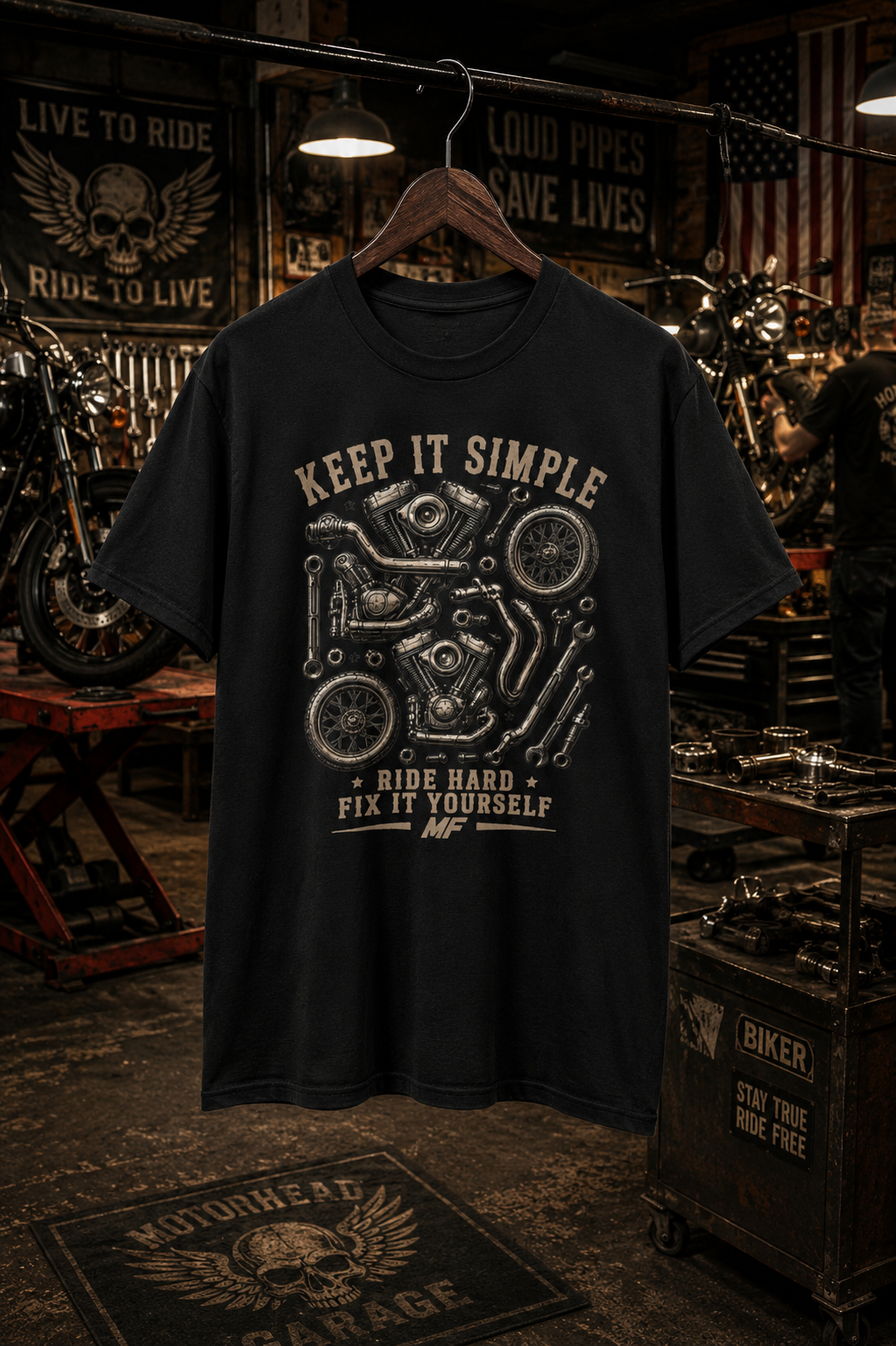 T-shirt de moto « Keep It Simple » | Roule à fond, répare toi-même | T-shirt de motard vintage