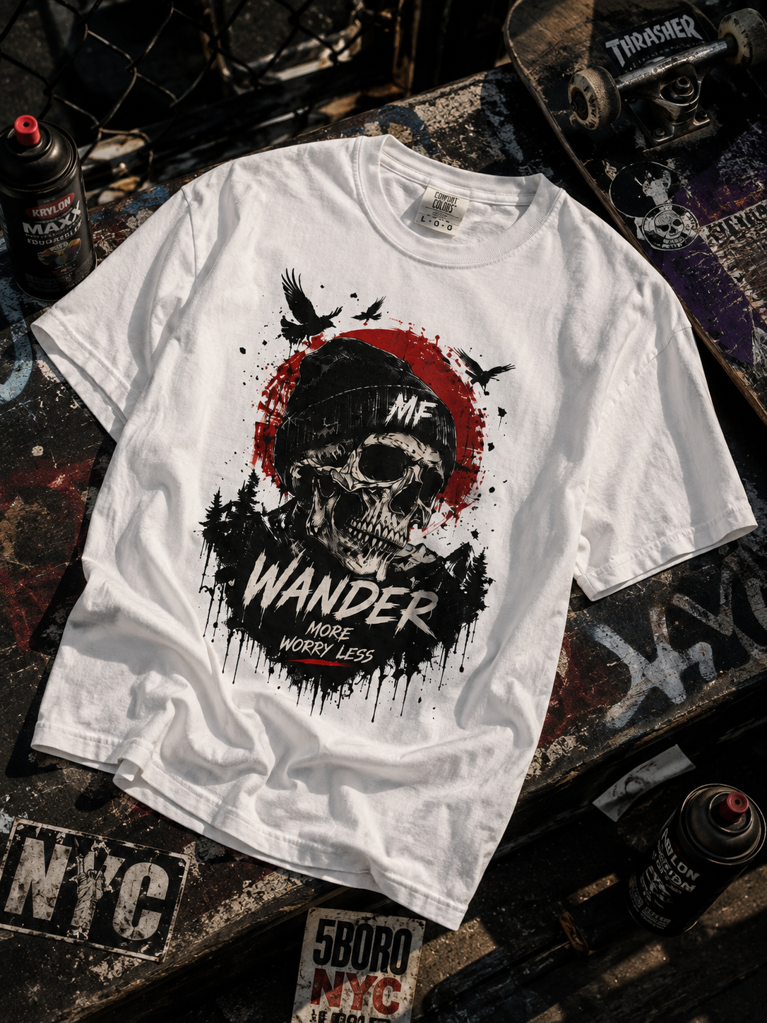 T-shirt Skull Wander | T-shirt à motif Wander More Worry Less | T-shirt de voyage streetwear
