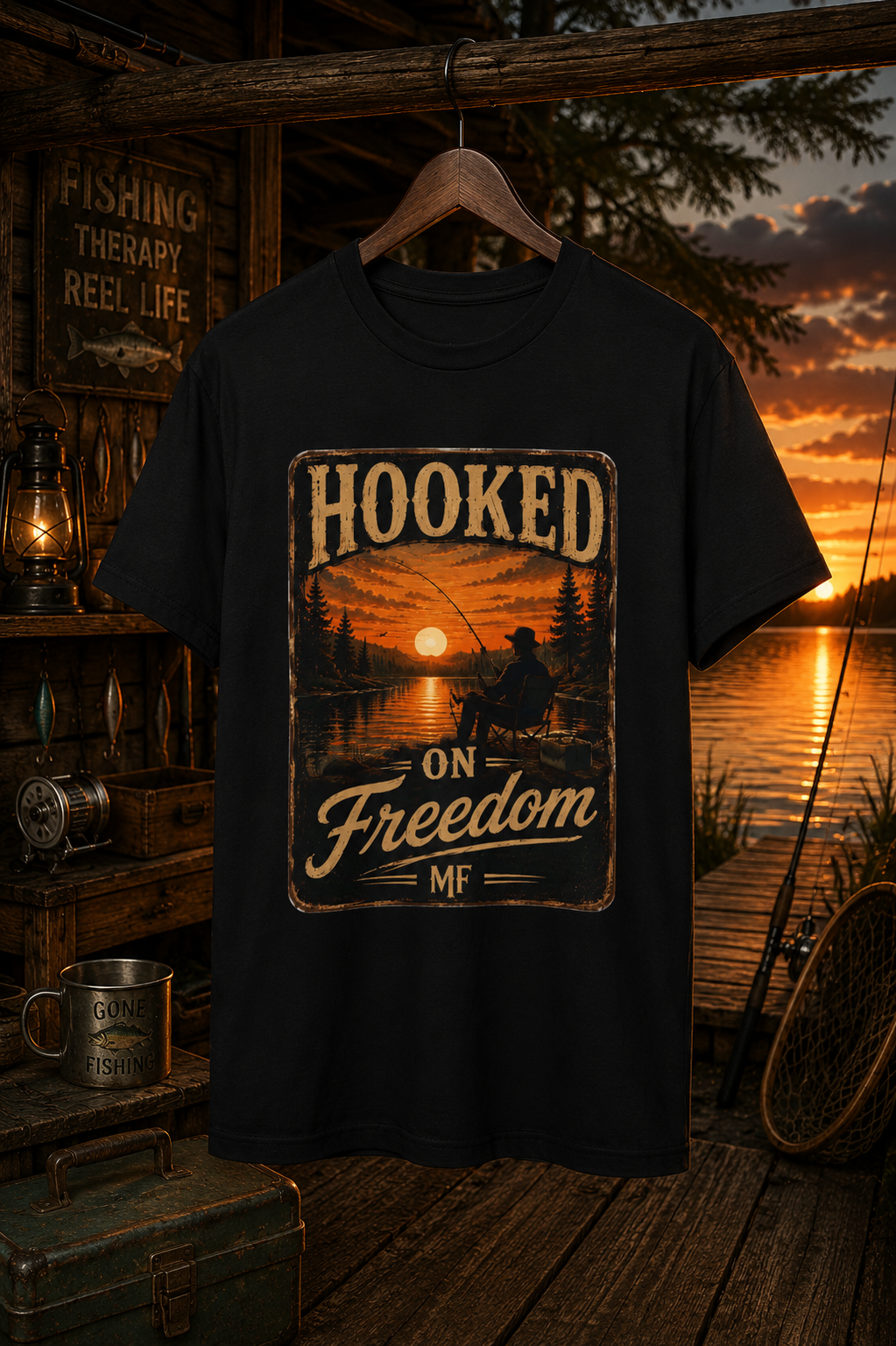 T-shirt de pêche « Hooked on Freedom » | Tee-shirt de pêcheur au coucher du soleil vintage