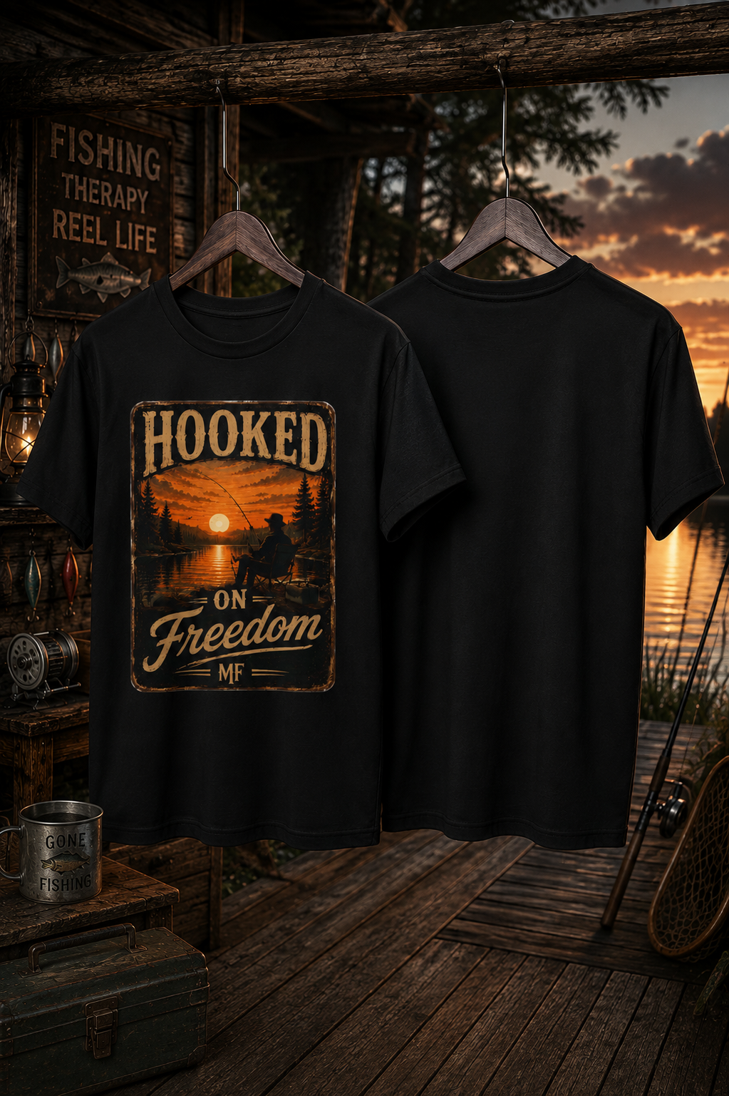 T-shirt de pêche « Hooked on Freedom » | Tee-shirt de pêcheur au coucher du soleil vintage