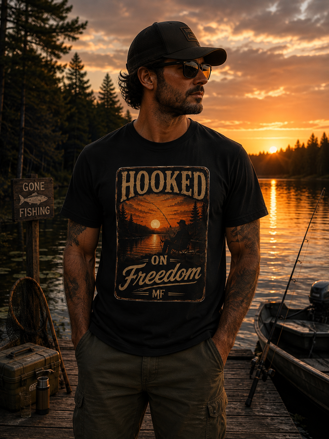 T-shirt de pêche « Hooked on Freedom » | Tee-shirt de pêcheur au coucher du soleil vintage
