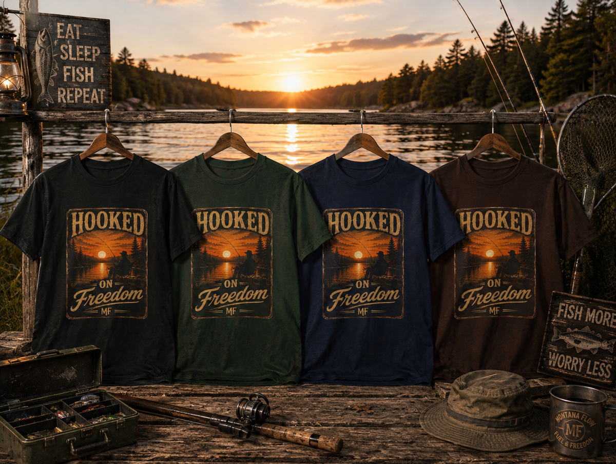 T-shirt de pêche « Hooked on Freedom » | Tee-shirt de pêcheur au coucher du soleil vintage