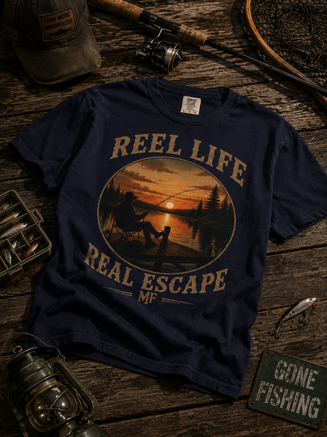 T-shirt de pêche Reel Life Real Escape | T-shirt vintage de pêcheur en lac
