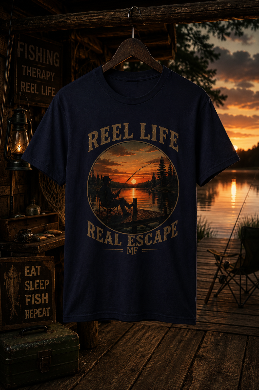 T-shirt de pêche Reel Life Real Escape | T-shirt vintage de pêcheur en lac