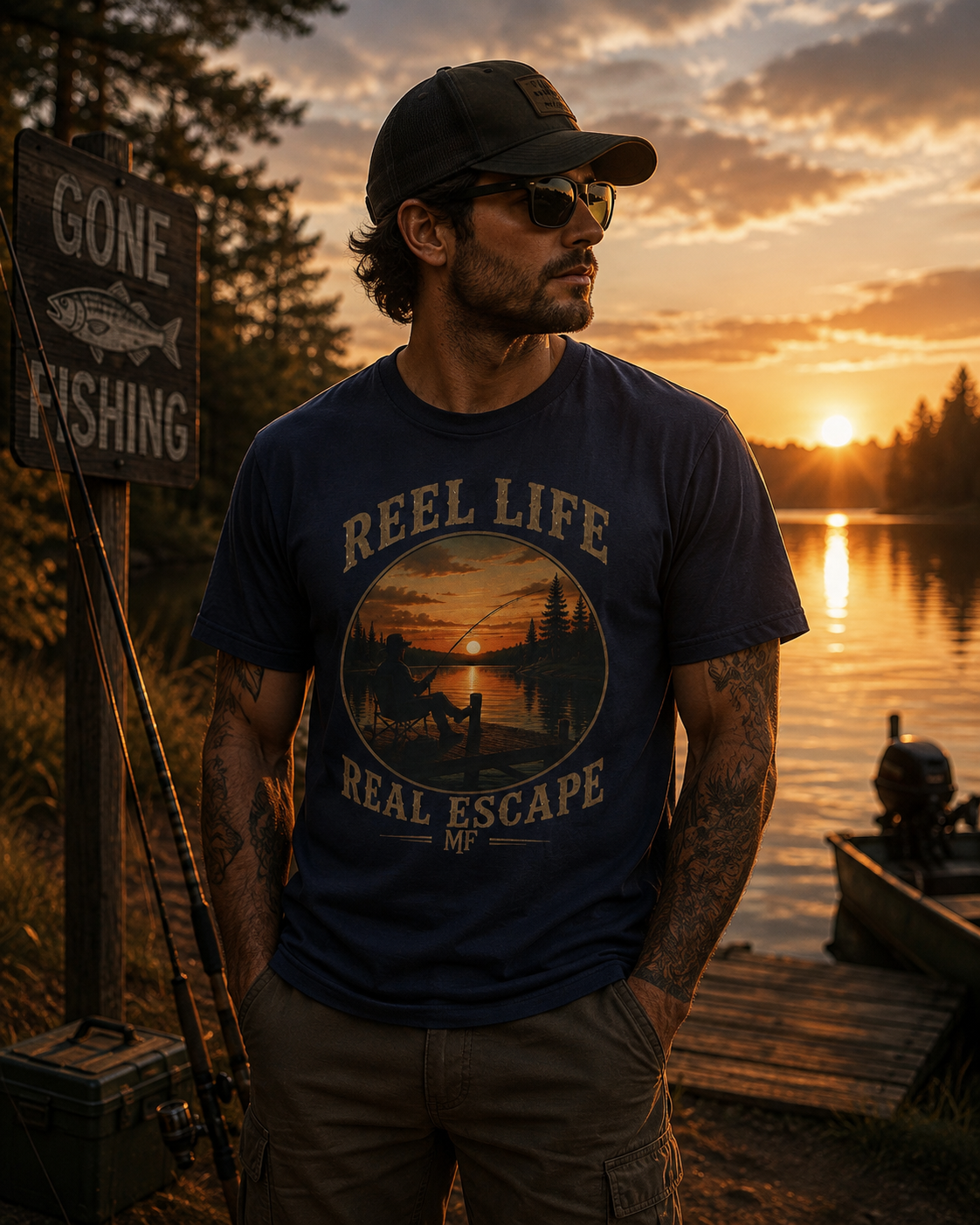 T-shirt de pêche Reel Life Real Escape | T-shirt vintage de pêcheur en lac
