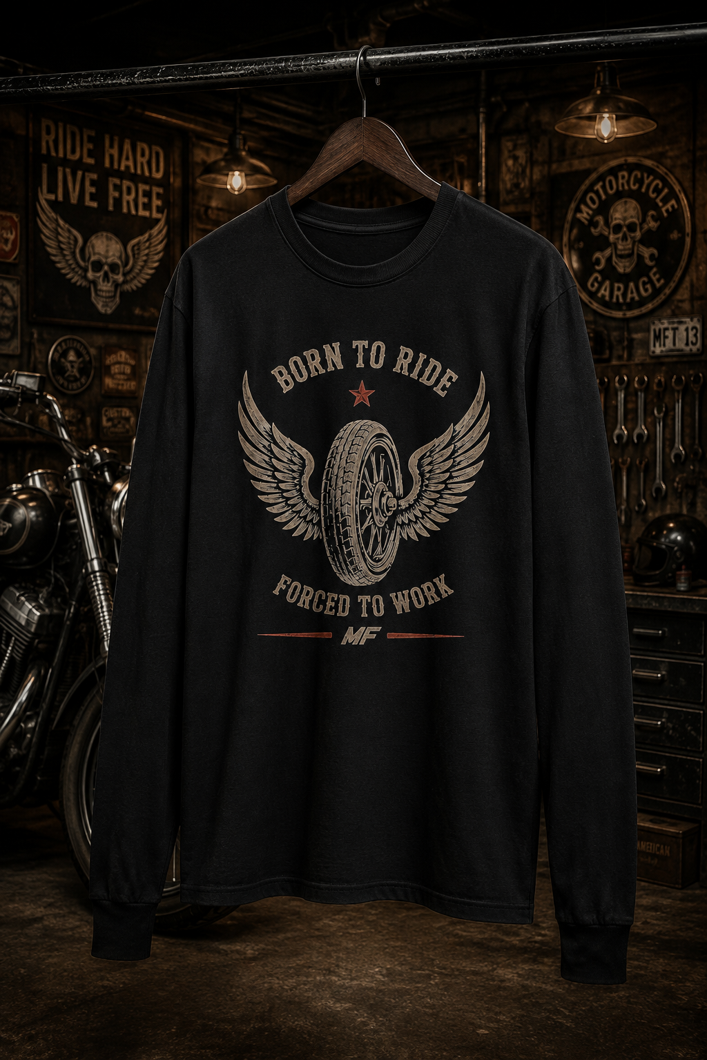 Born to Ride Long Sleeve Shirt | Winged Motorcycle Wheel Tee | Vintage Biker Shirt