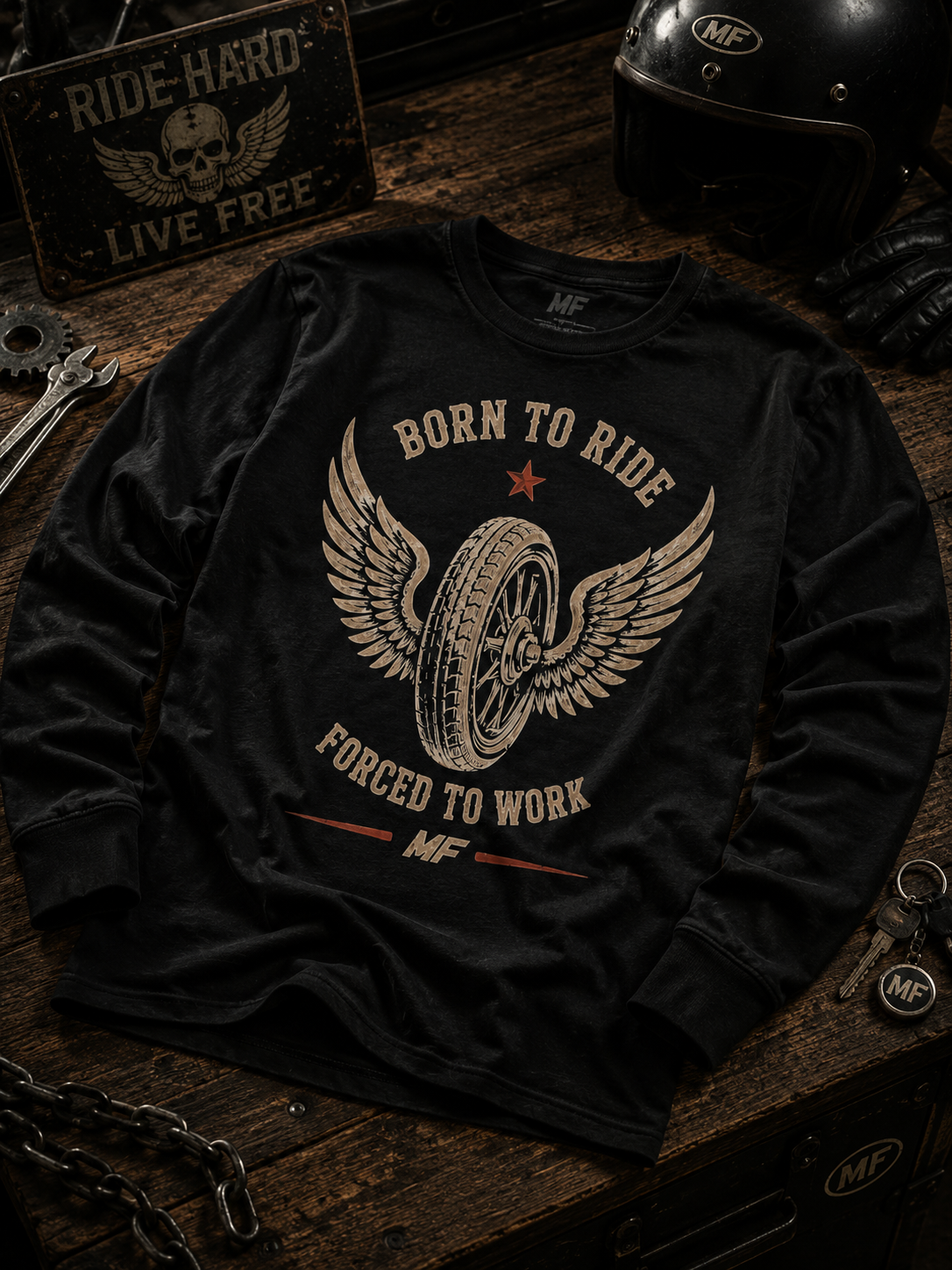 Born to Ride Long Sleeve Shirt | Winged Motorcycle Wheel Tee | Vintage Biker Shirt