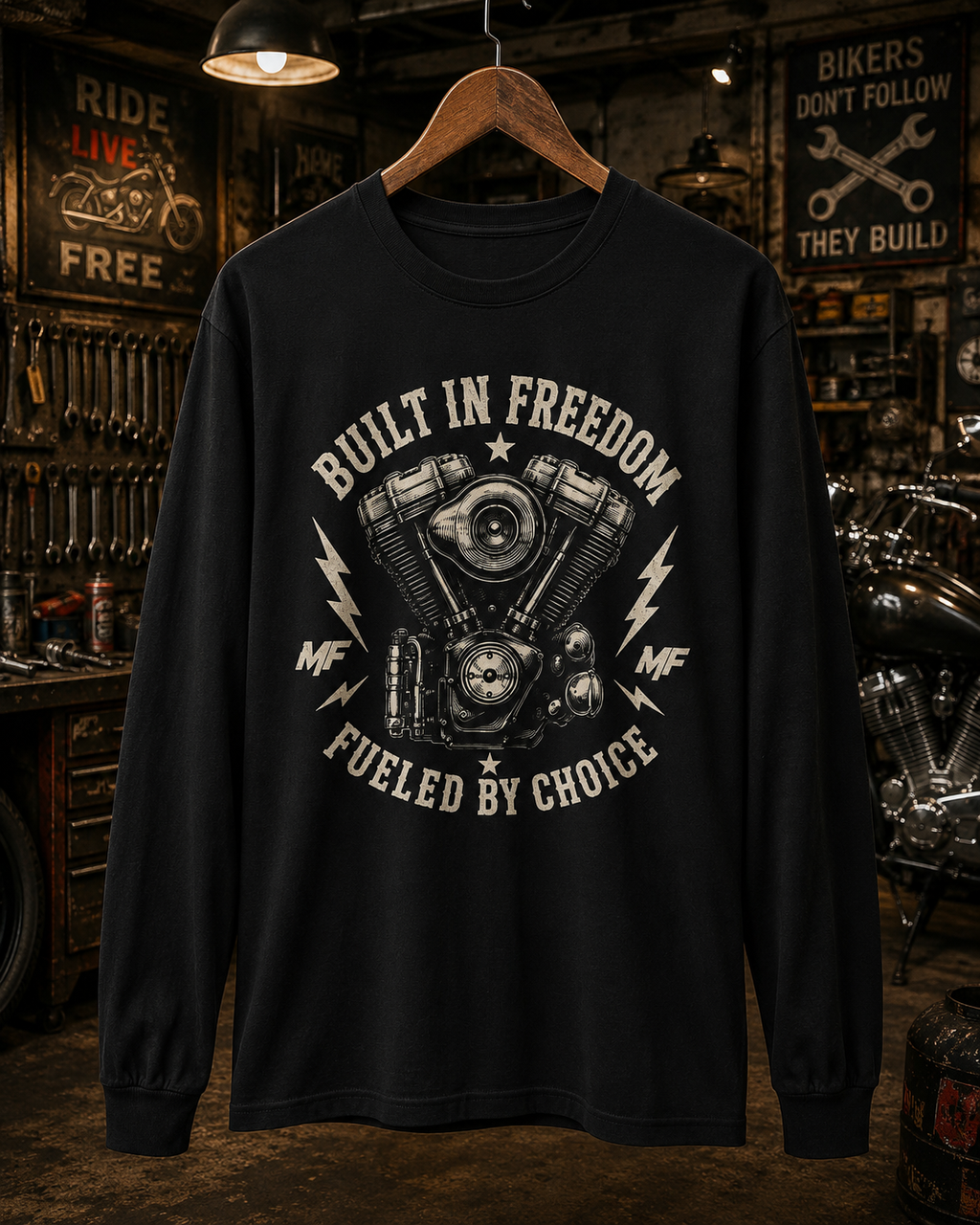 Built in Freedom Fueled by Choice V-Twin Engine Long Sleeve Tee | Motorcycle Biker Shirt