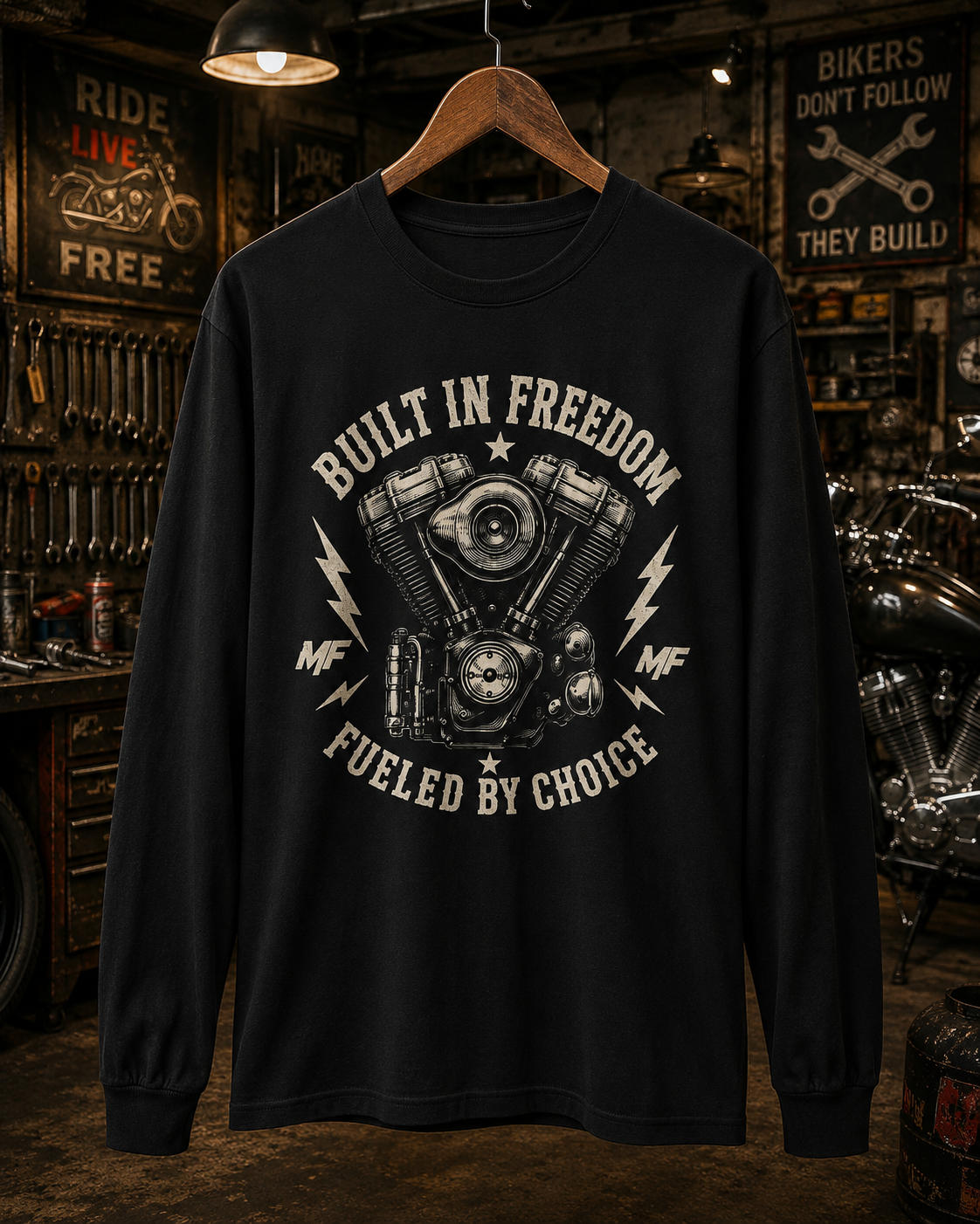 Built in Freedom Fueled by Choice V-Twin Engine Long Sleeve Tee | Motorcycle Biker Shirt