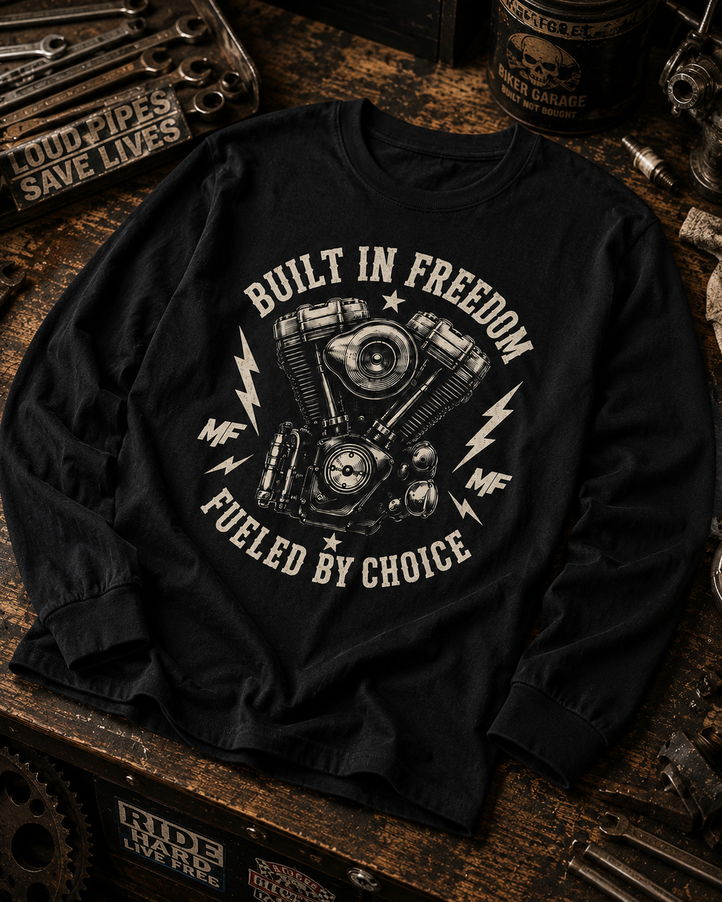 Built in Freedom Fueled by Choice V-Twin Engine Long Sleeve Tee | Motorcycle Biker Shirt
