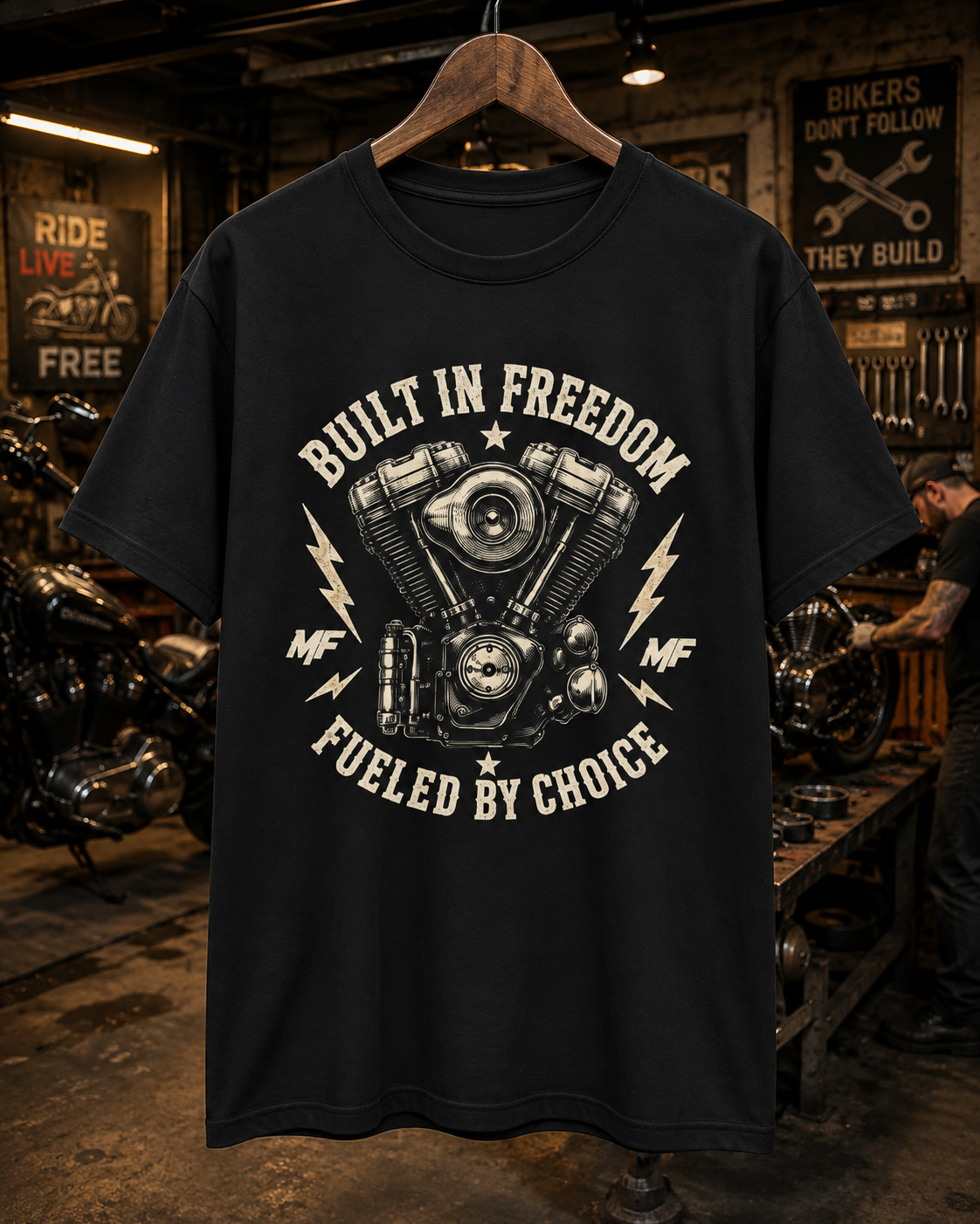 Built in Freedom Fuelled by Choice Motorcycle Engine Tee | Biker Shirt, Vintage Motor V-Twin Design