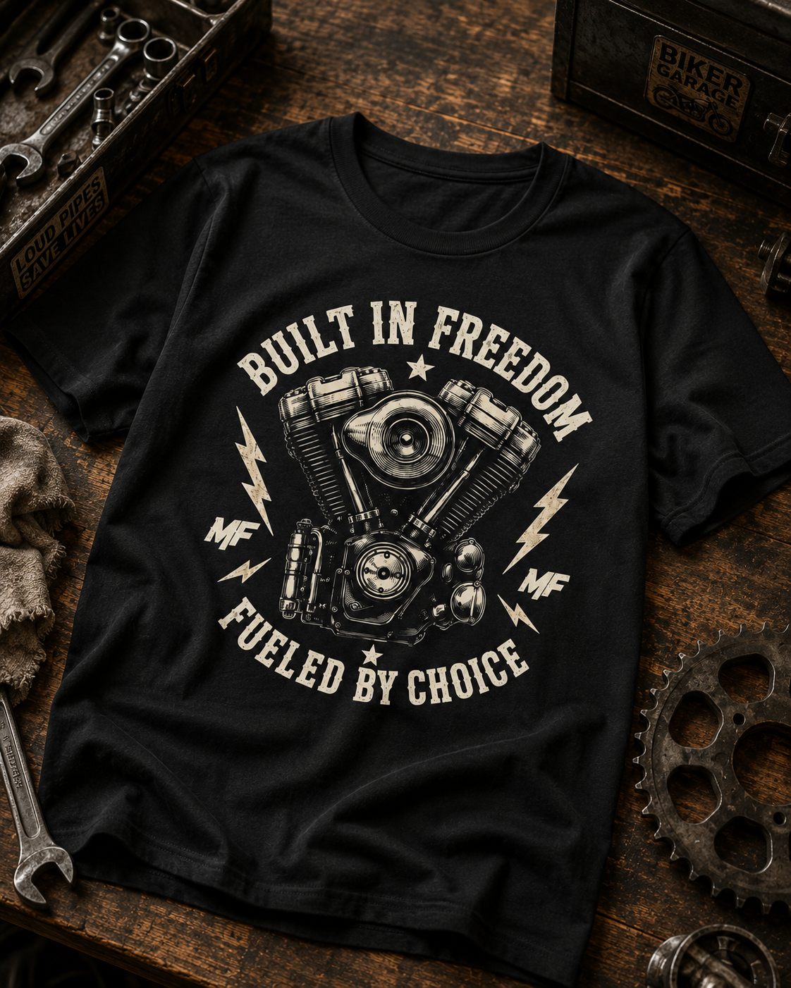 Built in Freedom Fuelled by Choice Motorcycle Engine Tee | Biker Shirt, Vintage Motor V-Twin Design