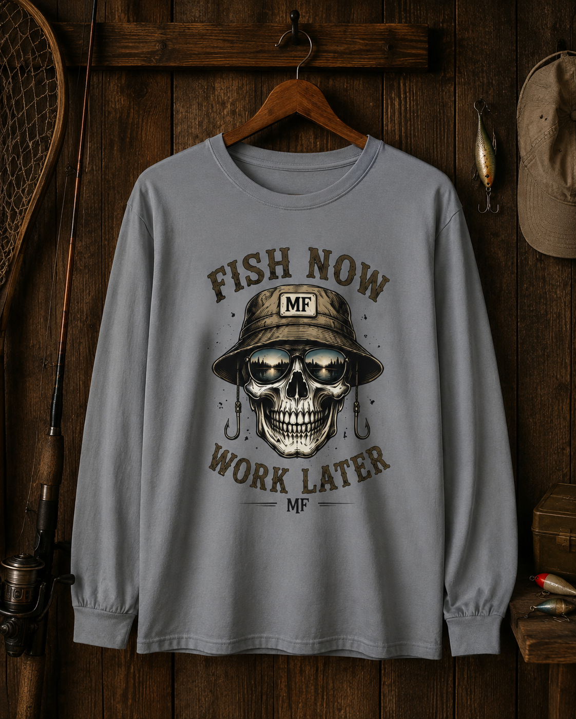 Fish Now Work Later Long Sleeve Shirt | Fishing Skull Tee | Fisherman Gift | Bucket Hat Fishing Shirt