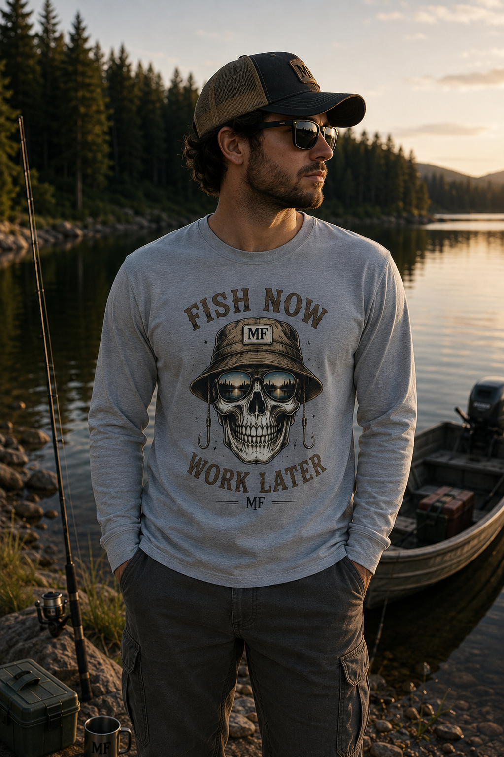 Fish Now Work Later Long Sleeve Shirt | Fishing Skull Tee | Fisherman Gift | Bucket Hat Fishing Shirt