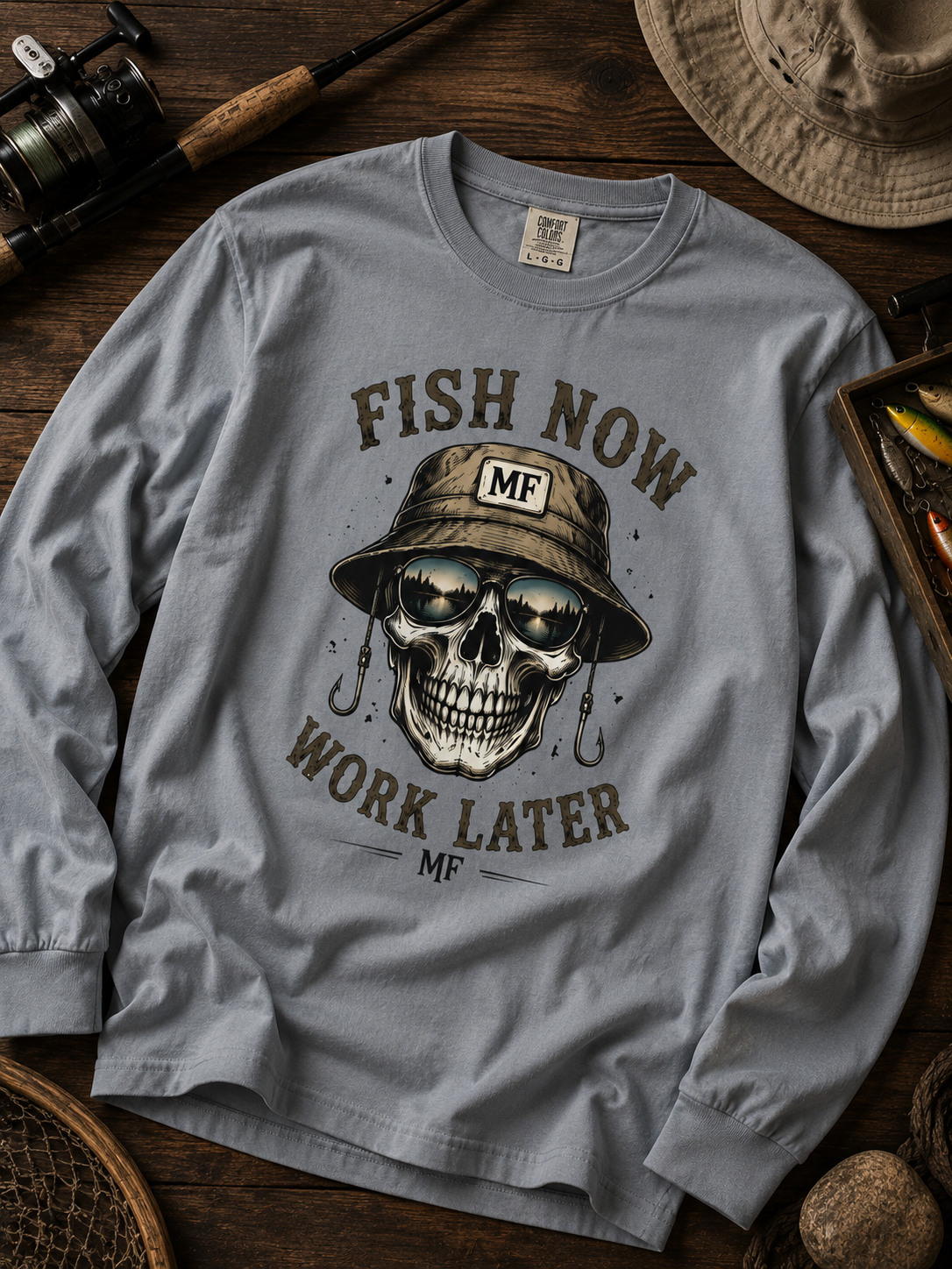 Fish Now Work Later Long Sleeve Shirt | Fishing Skull Tee | Fisherman Gift | Bucket Hat Fishing Shirt