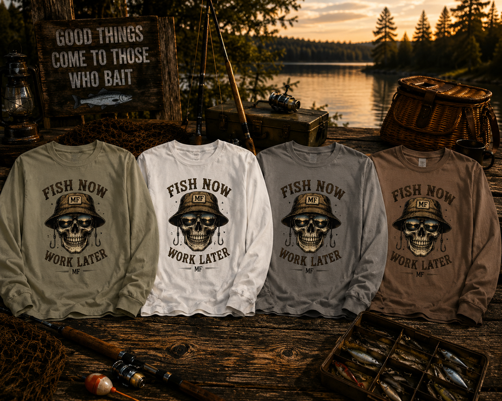 Fish Now Work Later Long Sleeve Shirt | Fishing Skull Tee | Fisherman Gift | Bucket Hat Fishing Shirt