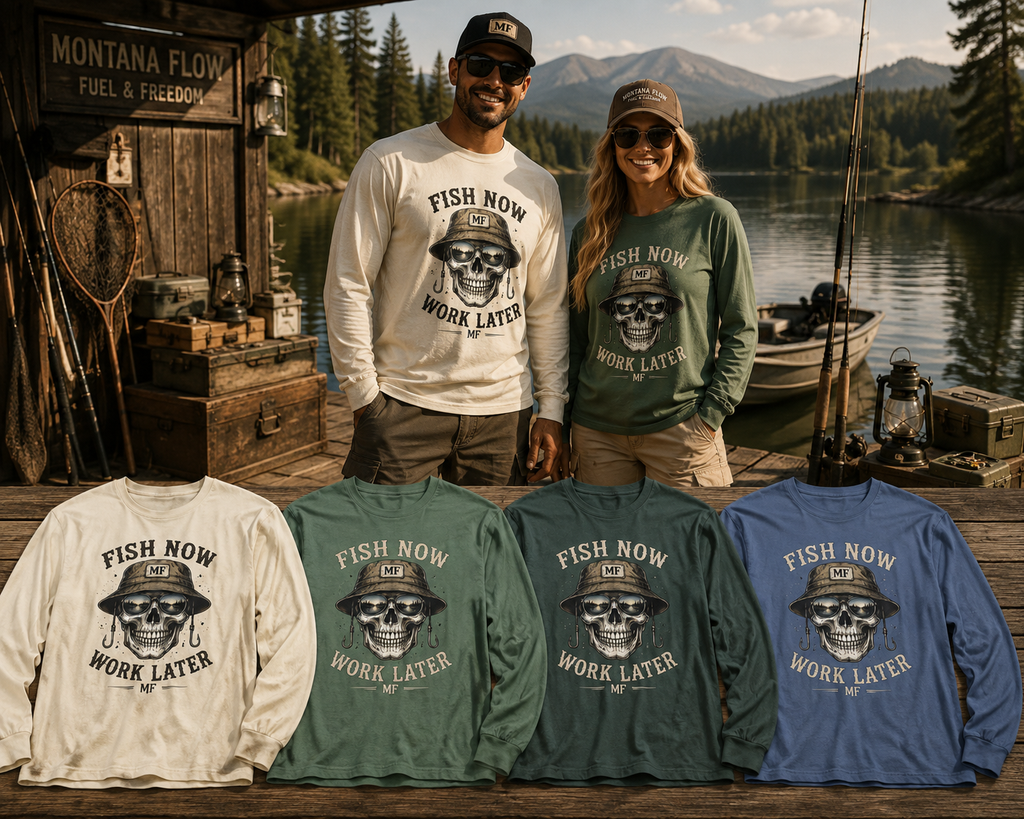 Fish Now Work Later Long Sleeve Shirt | Fishing Skull Tee | Fisherman Gift | Bucket Hat Fishing Shirt