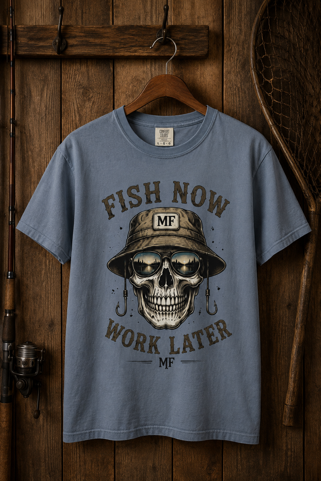 Fish Now Work Later T-Shirt | Fishing Skull Shirt | Fisherman Gift | Outdoor Fishing Tee