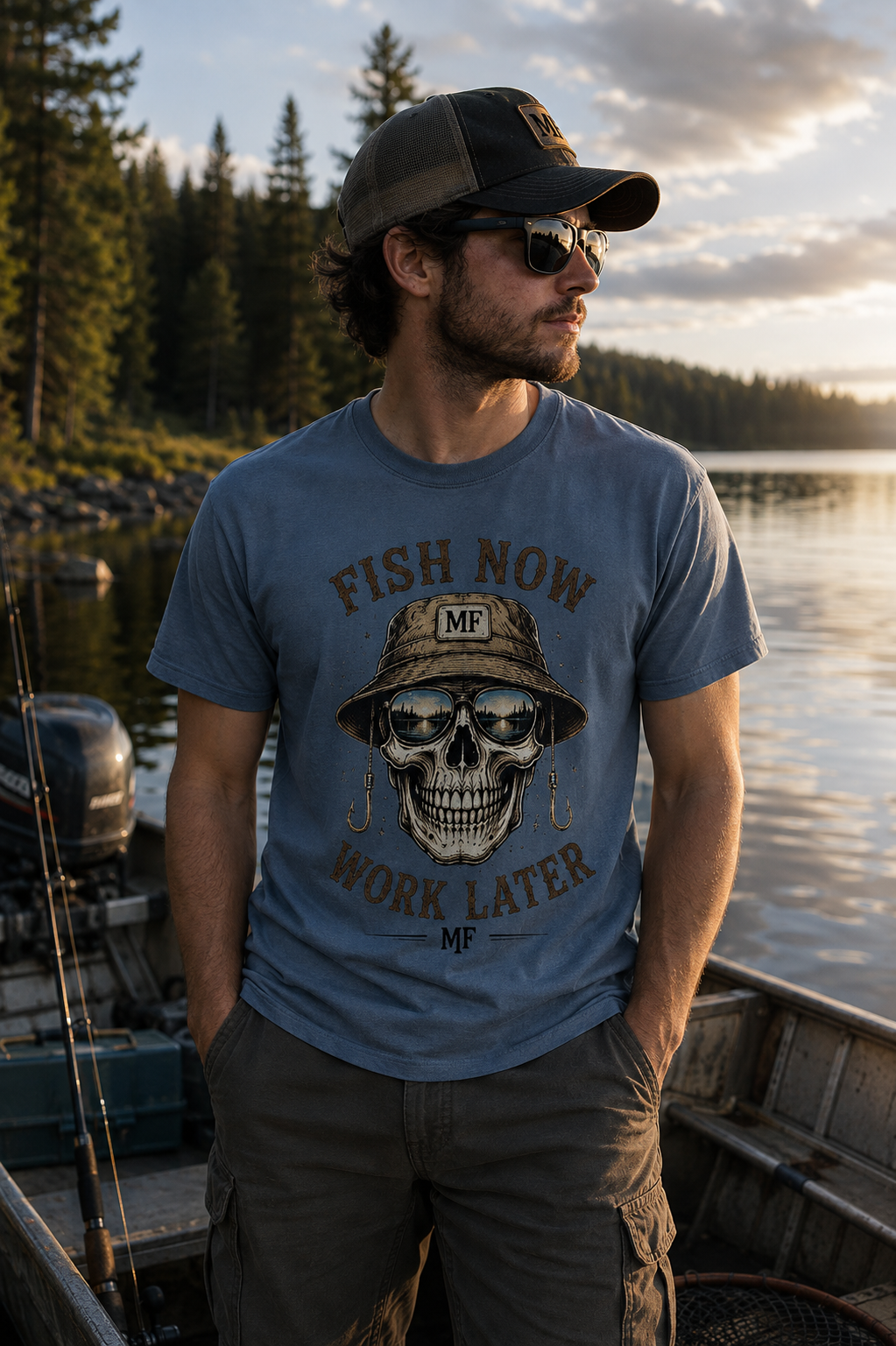 Fish Now Work Later T-Shirt | Fishing Skull Shirt | Fisherman Gift | Outdoor Fishing Tee