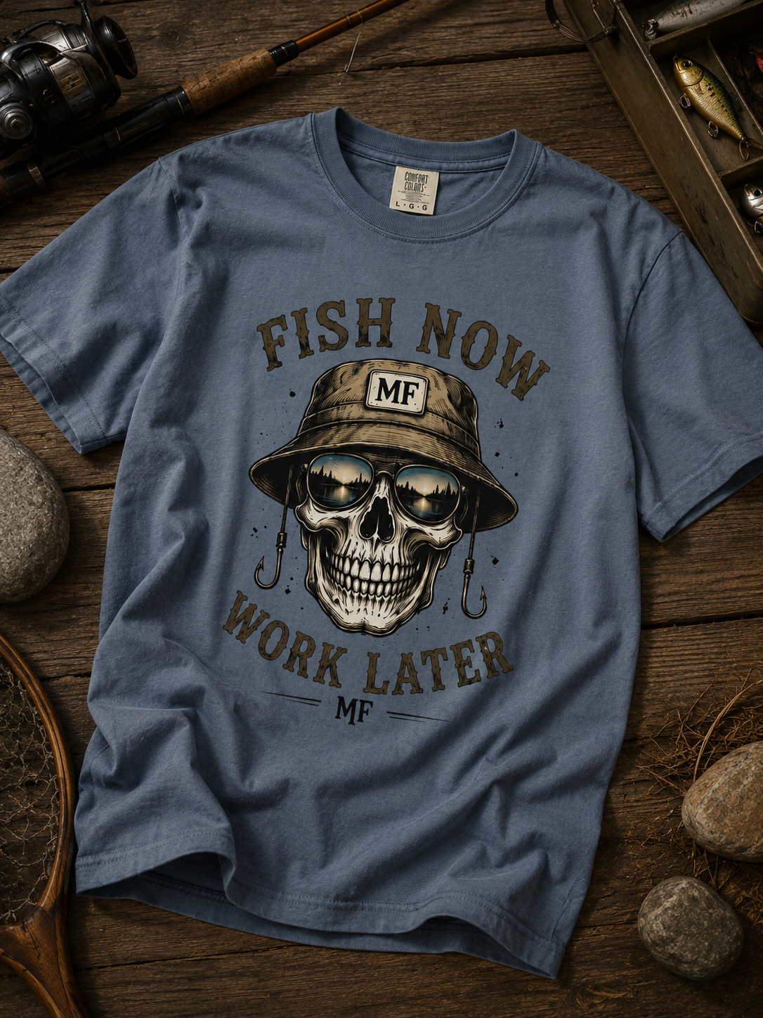 Fish Now Work Later T-Shirt | Fishing Skull Shirt | Fisherman Gift | Outdoor Fishing Tee