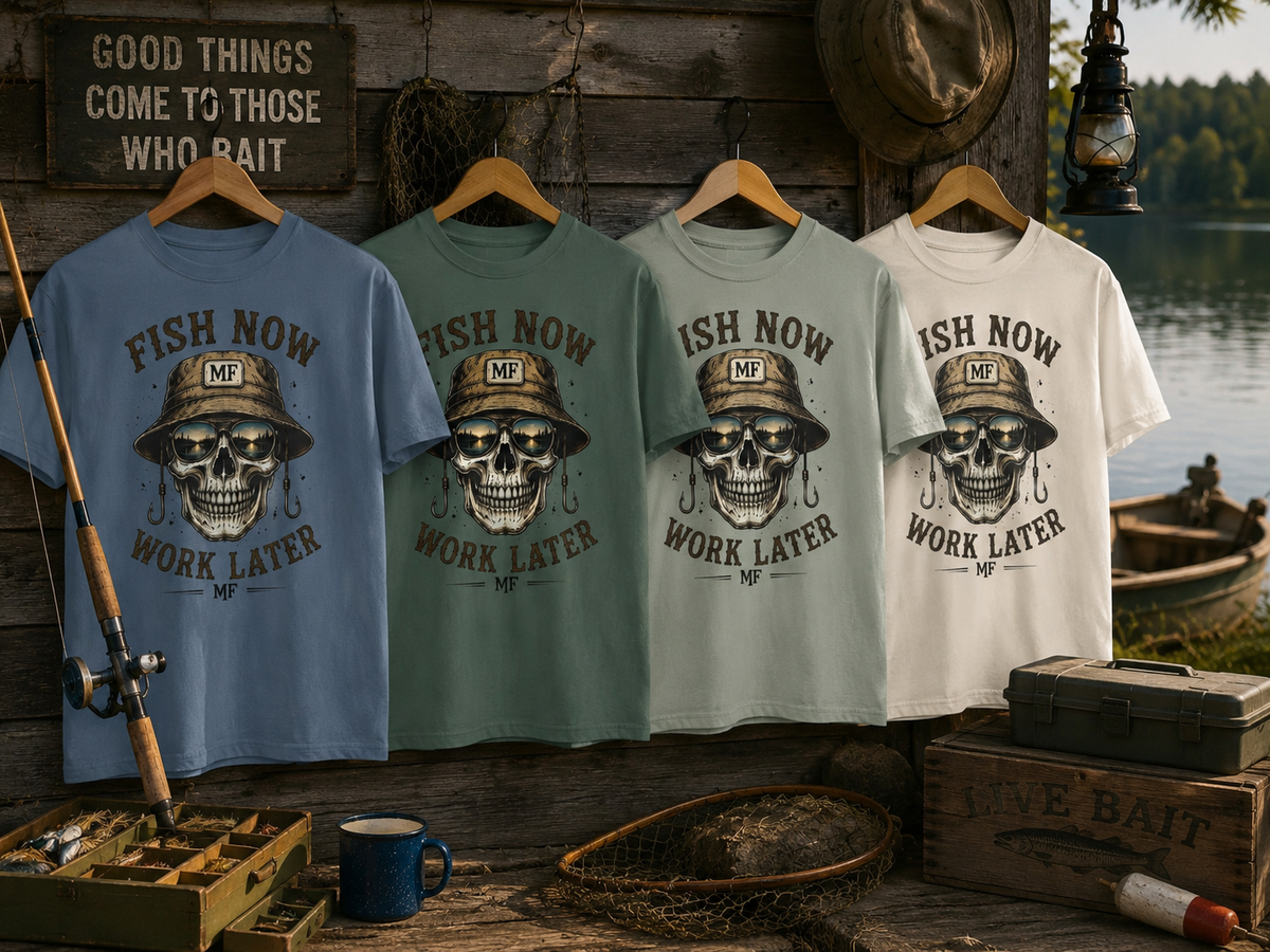 Fish Now Work Later T-Shirt | Fishing Skull Shirt | Fisherman Gift | Outdoor Fishing Tee