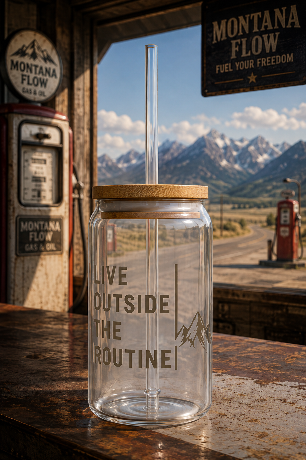 Gobelet en verre 16 oz Live Outside The Routine | Verre à motif aventure en montagne avec couvercle en bambou et paille