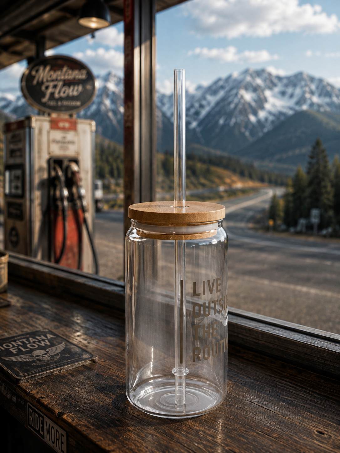 Gobelet en verre 16 oz Live Outside The Routine | Verre à motif aventure en montagne avec couvercle en bambou et paille