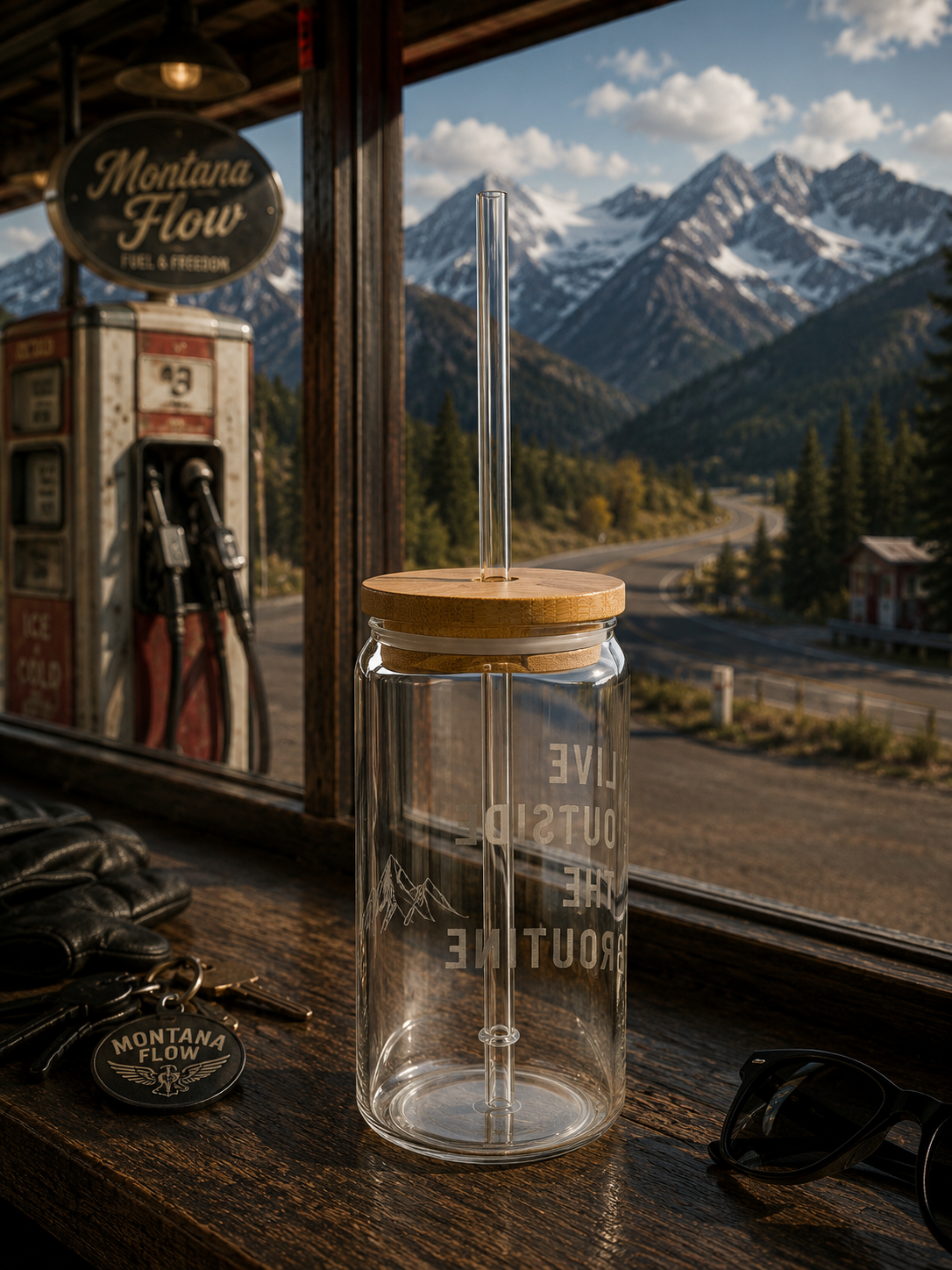 Gobelet en verre 16 oz Live Outside The Routine | Verre à motif aventure en montagne avec couvercle en bambou et paille