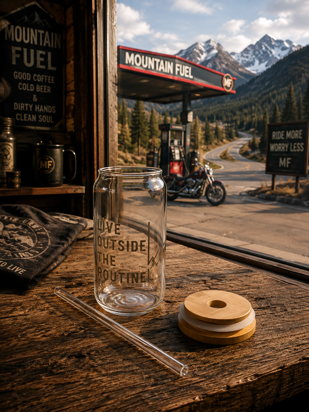 Gobelet en verre 16 oz Live Outside The Routine | Verre à motif aventure en montagne avec couvercle en bambou et paille