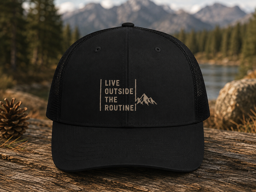 Live Outside The Routine Trucker Hat | Mountain Adventure Snapback Cap | Outdoor Hiking Hat