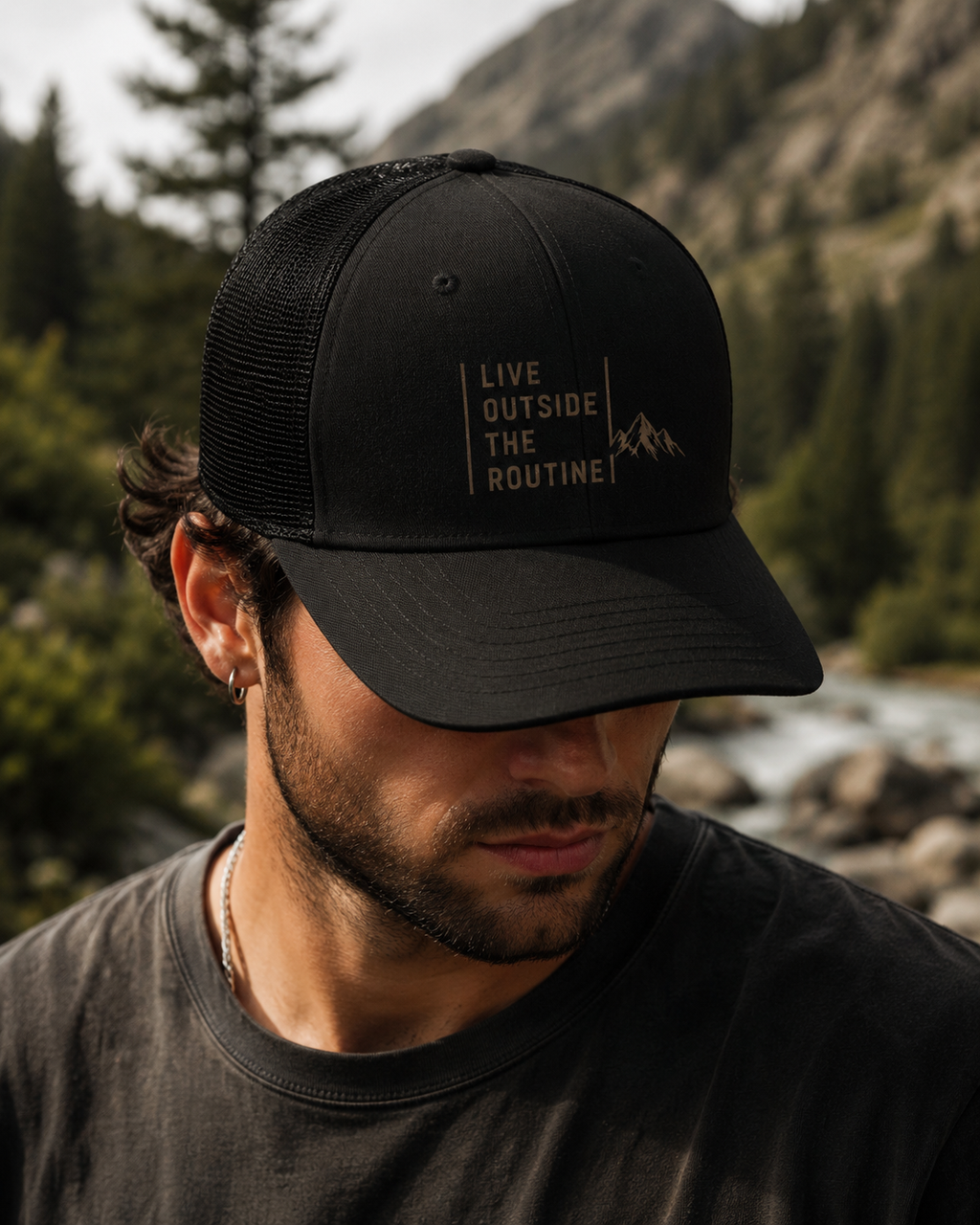 Live Outside The Routine Trucker Hat | Mountain Adventure Snapback Cap | Outdoor Hiking Hat
