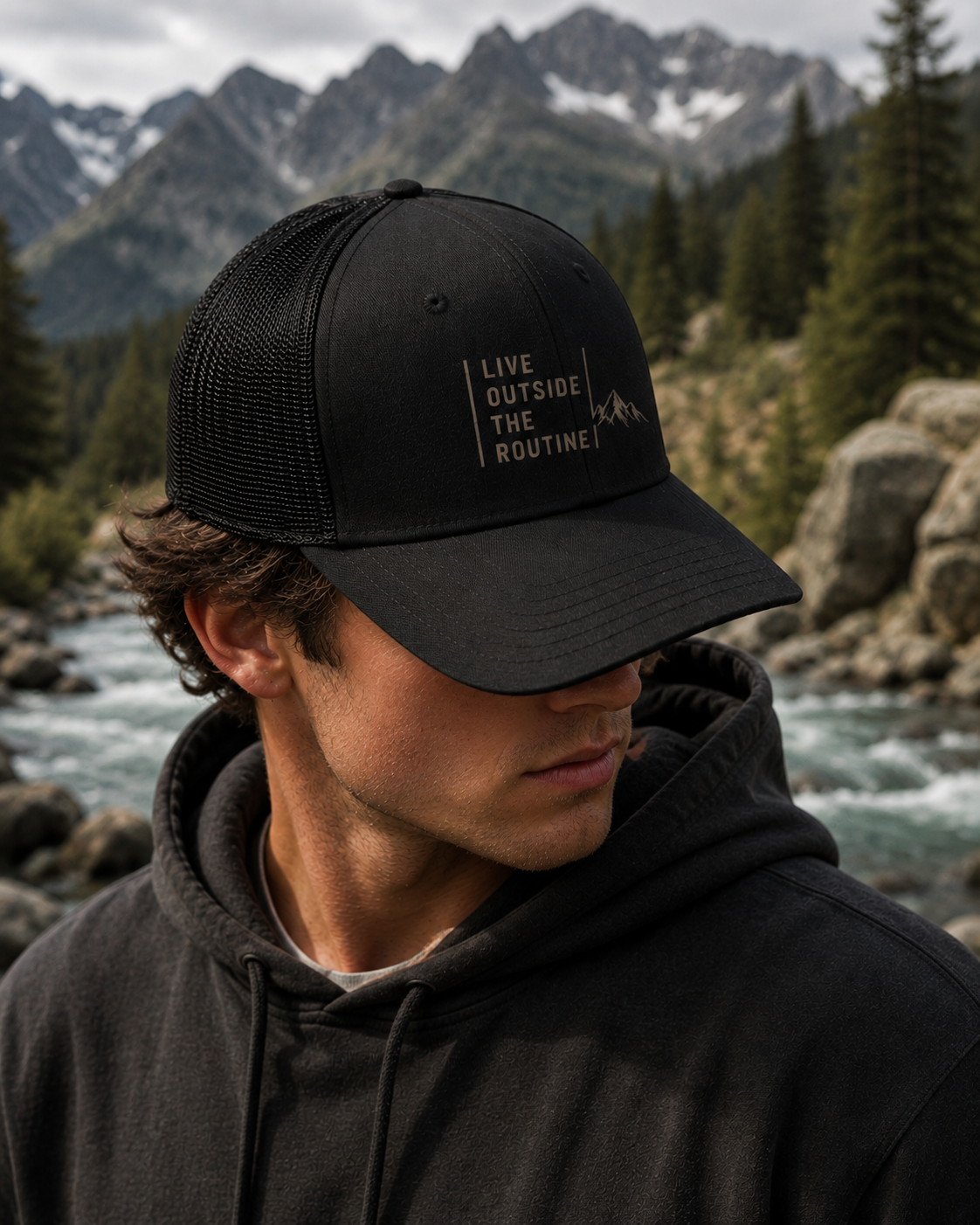 Live Outside The Routine Trucker Hat | Mountain Adventure Snapback Cap | Outdoor Hiking Hat