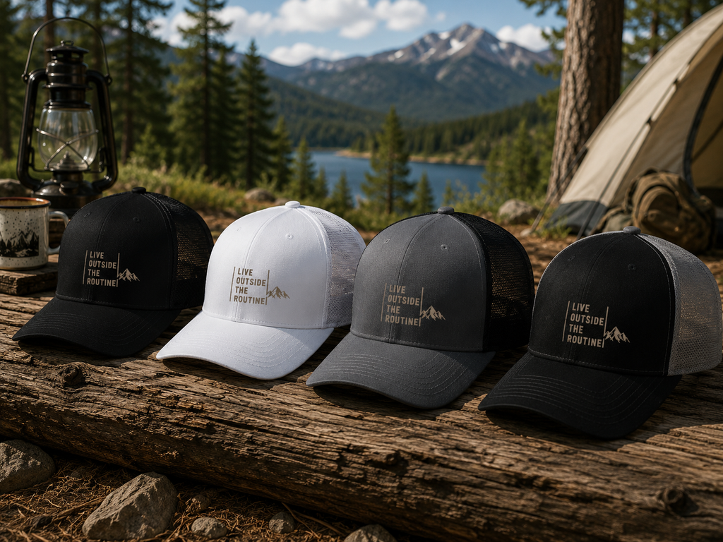 Live Outside The Routine Trucker Hat | Mountain Adventure Snapback Cap | Outdoor Hiking Hat
