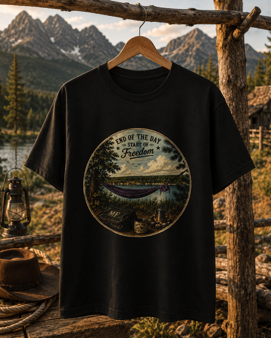 T-shirt Camping Freedom | T-shirt coucher de soleil en hamac au bord du lac, haut nature et plein air