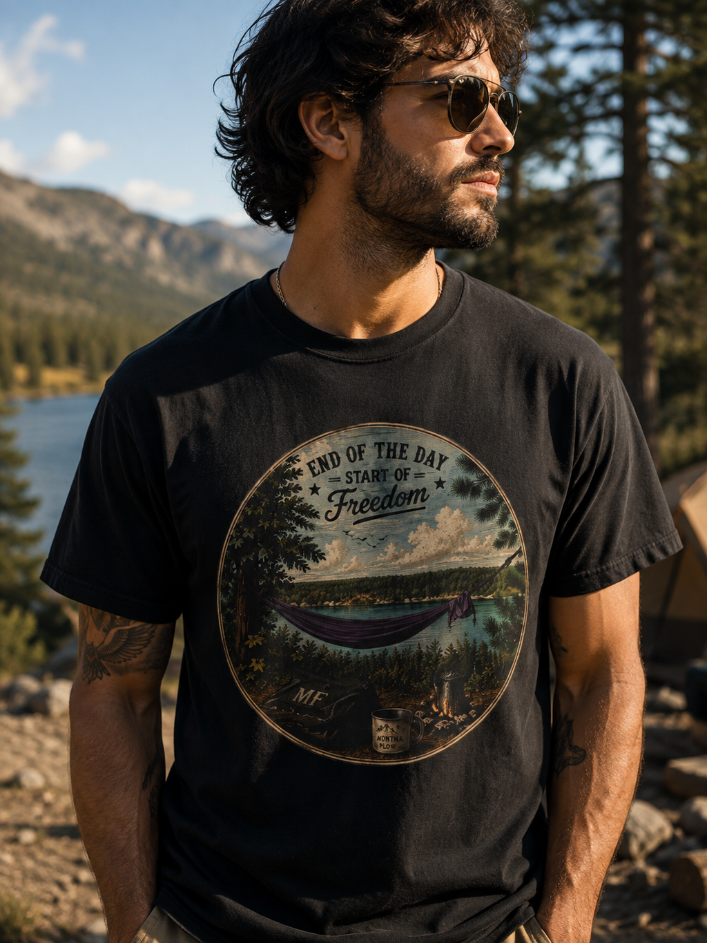 T-shirt Camping Freedom | T-shirt coucher de soleil en hamac au bord du lac, haut nature et plein air