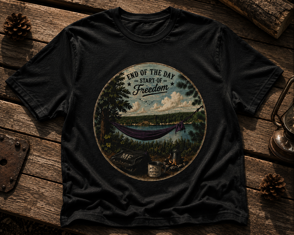 Camping Freedom T-Shirt | Lake Hammock Sunset Tee, Outdoor Nature Shirt