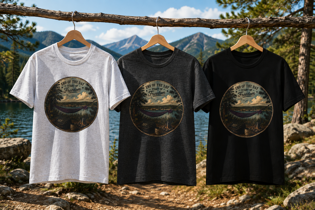 T-shirt Camping Freedom | T-shirt coucher de soleil en hamac au bord du lac, haut nature et plein air