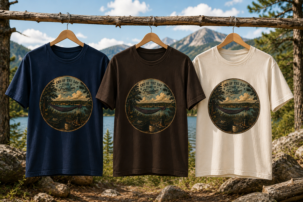 T-shirt Camping Freedom | T-shirt coucher de soleil en hamac au bord du lac, haut nature et plein air