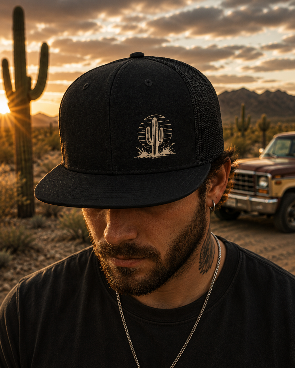 Desert Cactus Trucker Cap, Southwestern Western Hat, Retro Cactus Hat