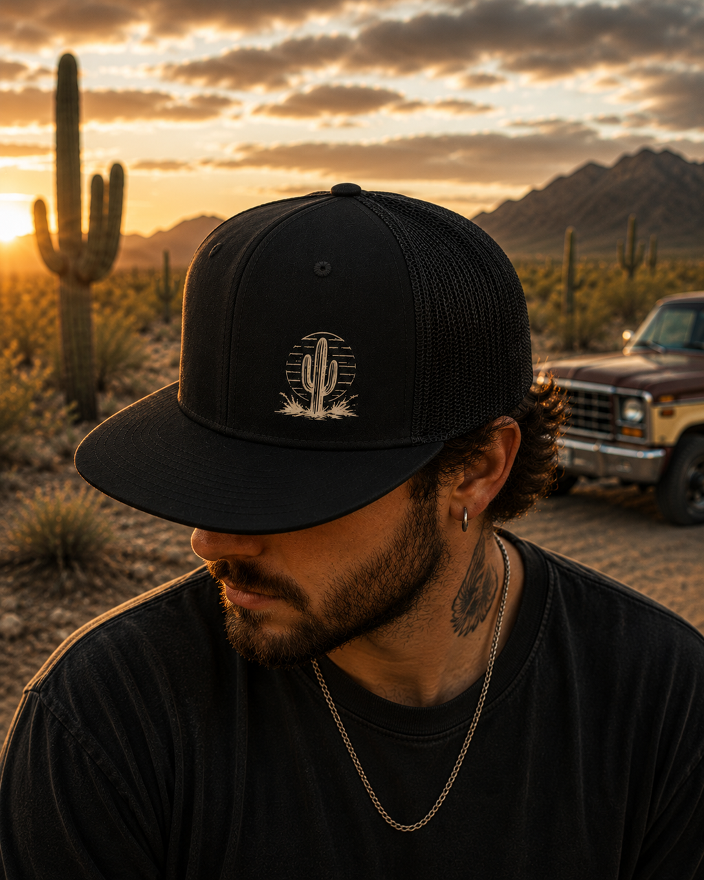 Desert Cactus Trucker Cap, Southwestern Western Hat, Retro Cactus Hat