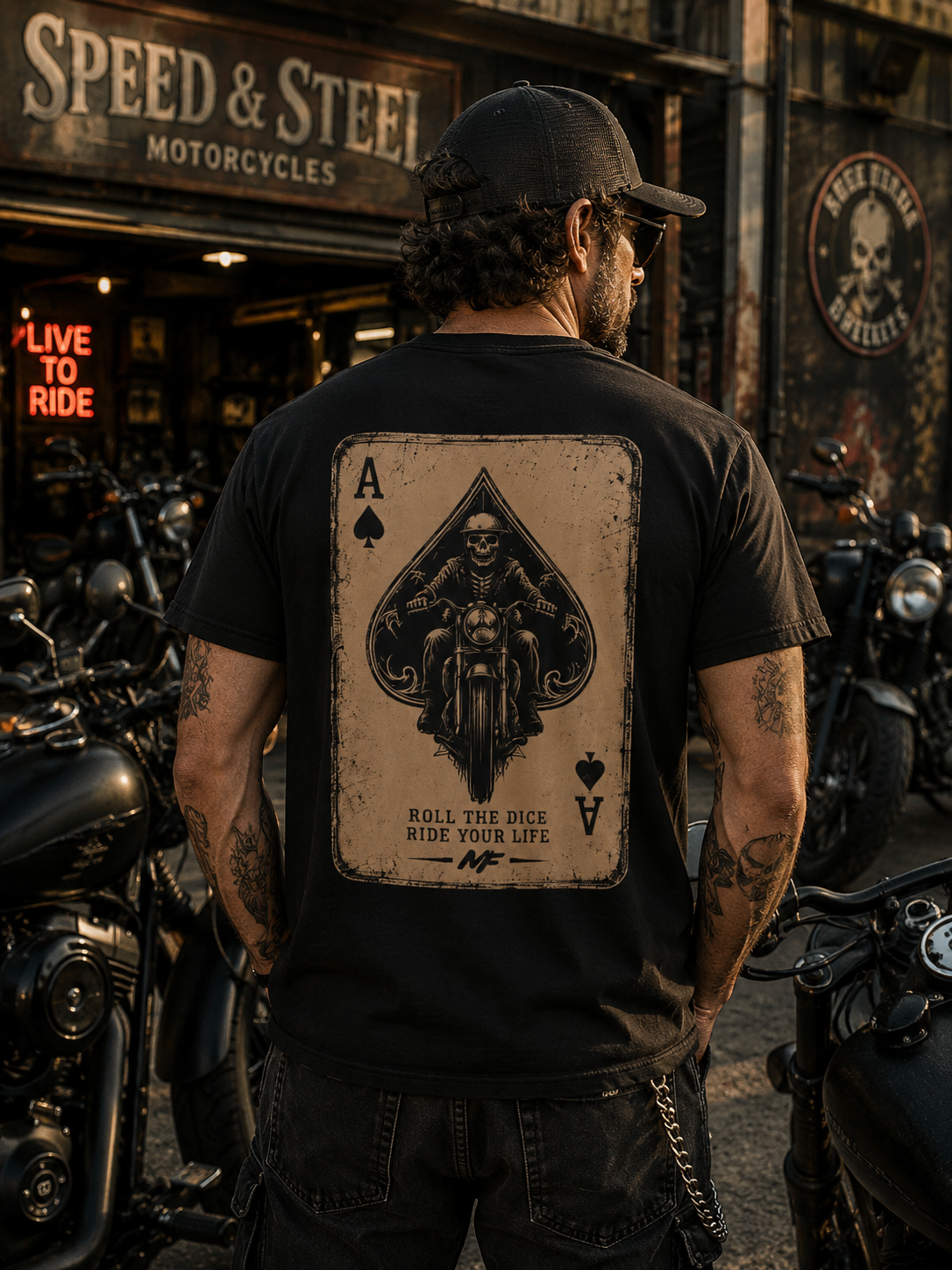 Ace of Spades Biker T-Shirt, Vintage Motorcycle Rider Tee, Skull Playing Card Graphic Shirt