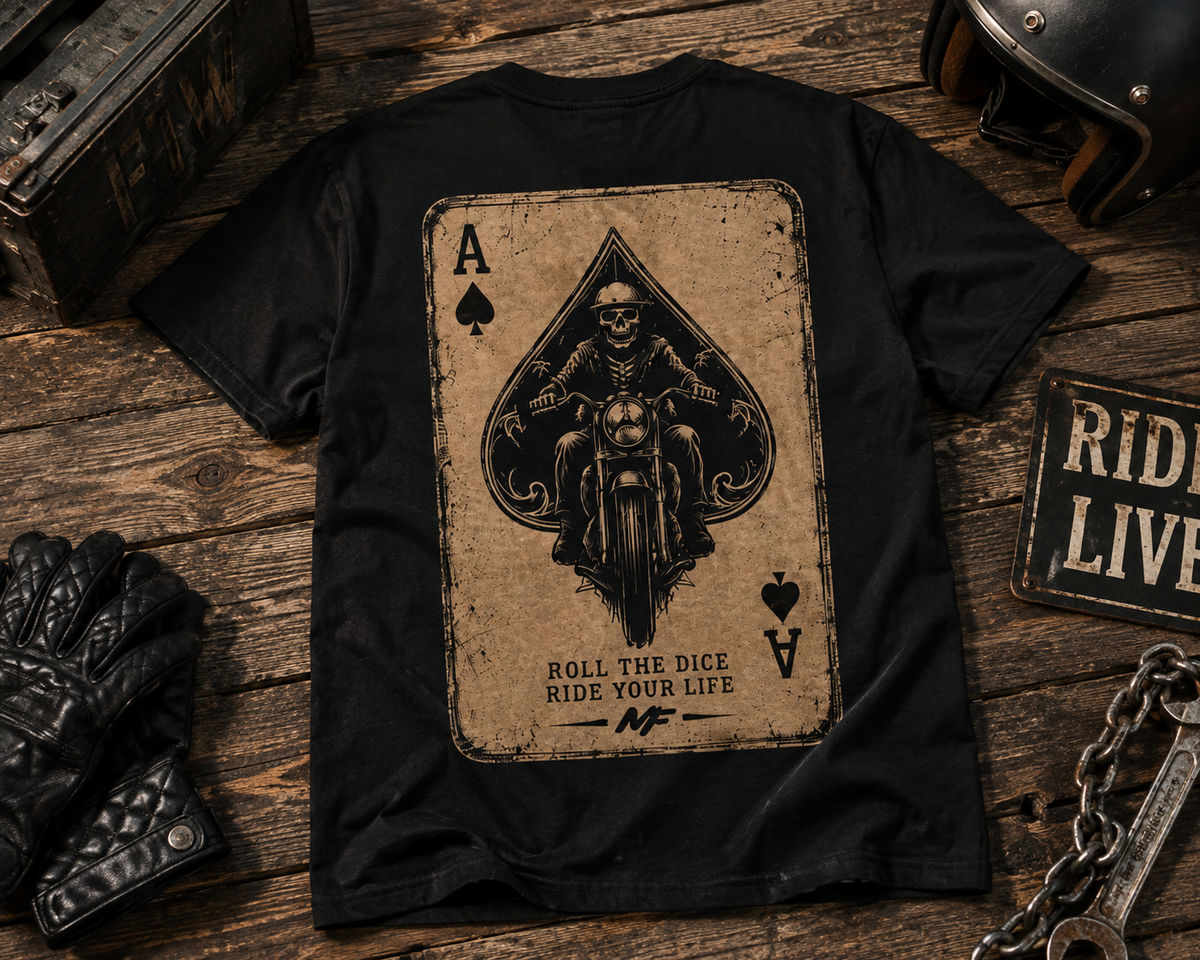 Ace of Spades Biker T-Shirt, Vintage Motorcycle Rider Tee, Skull Playing Card Graphic Shirt