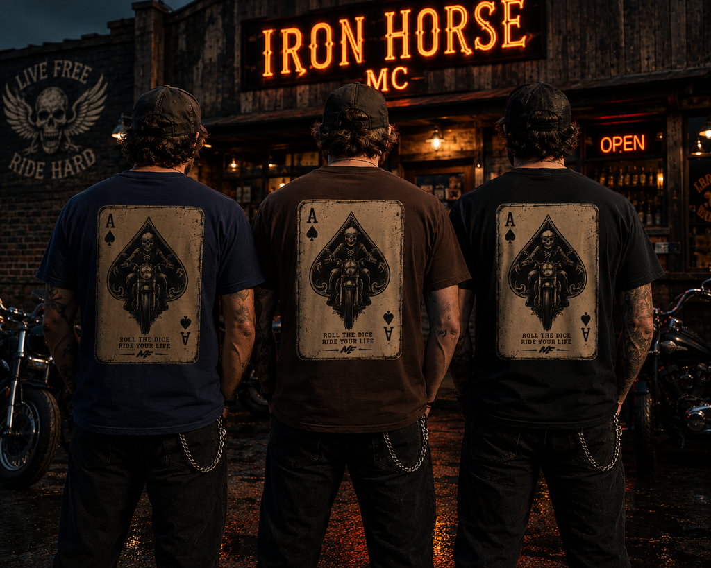Ace of Spades Biker T-Shirt, Vintage Motorcycle Rider Tee, Skull Playing Card Graphic Shirt