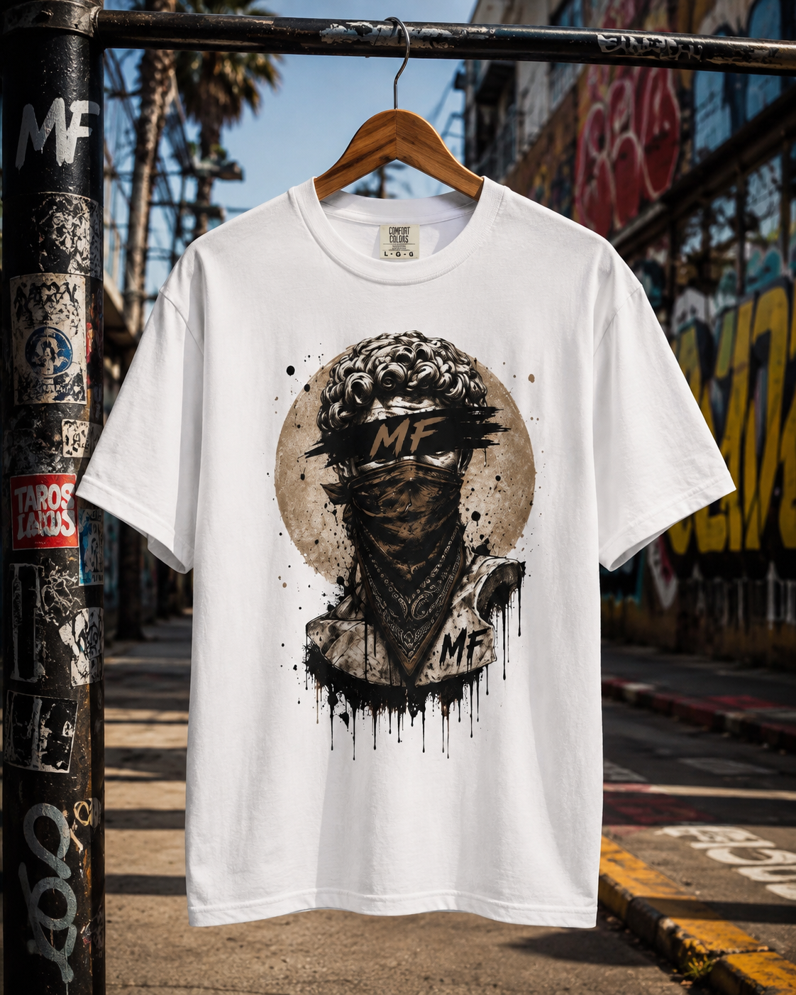 T-shirt Art Portrait Masqué | Illustration Bandana Grunge. Logo MF.