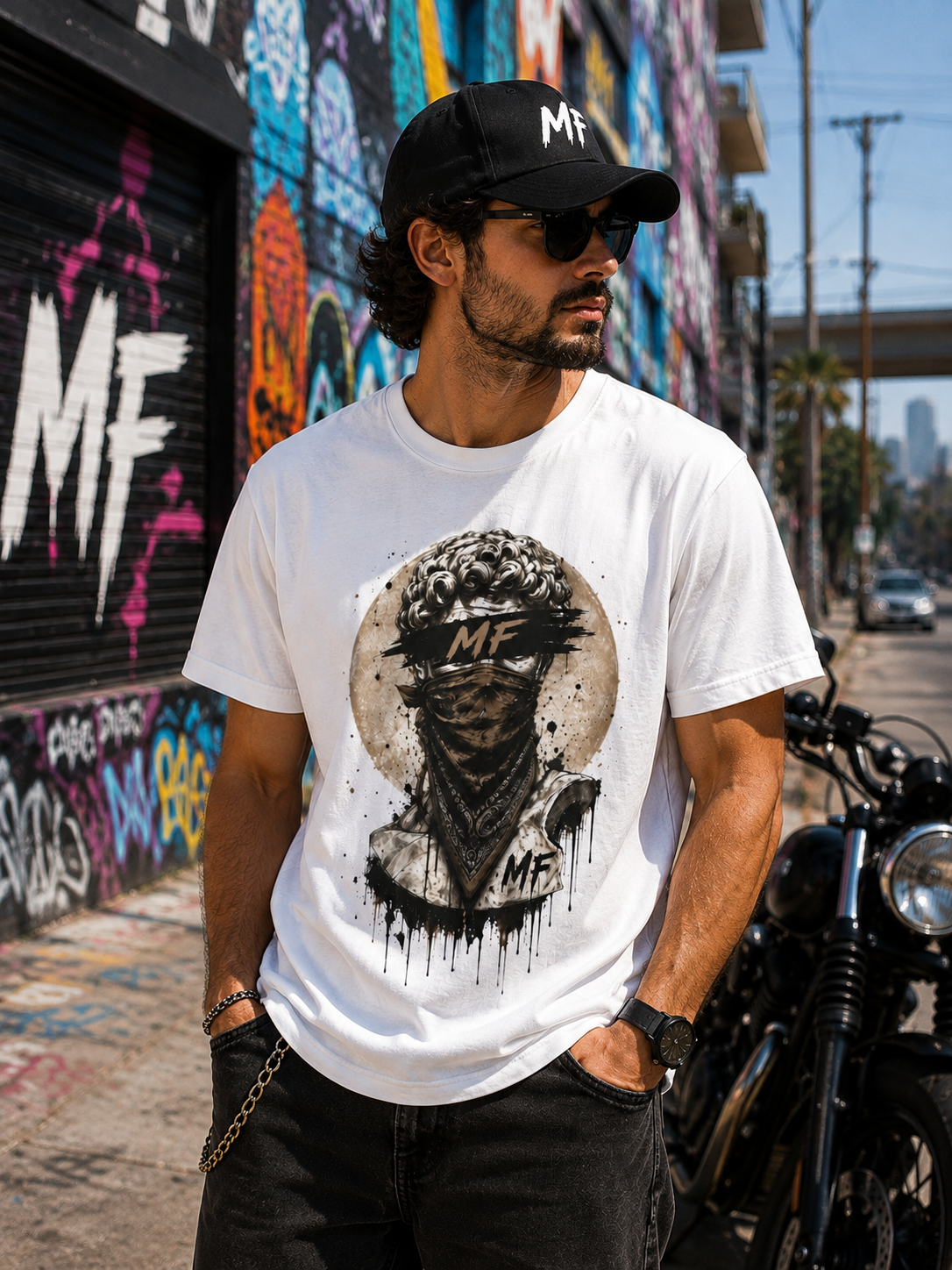 T-shirt Art Portrait Masqué | Illustration Bandana Grunge. Logo MF.