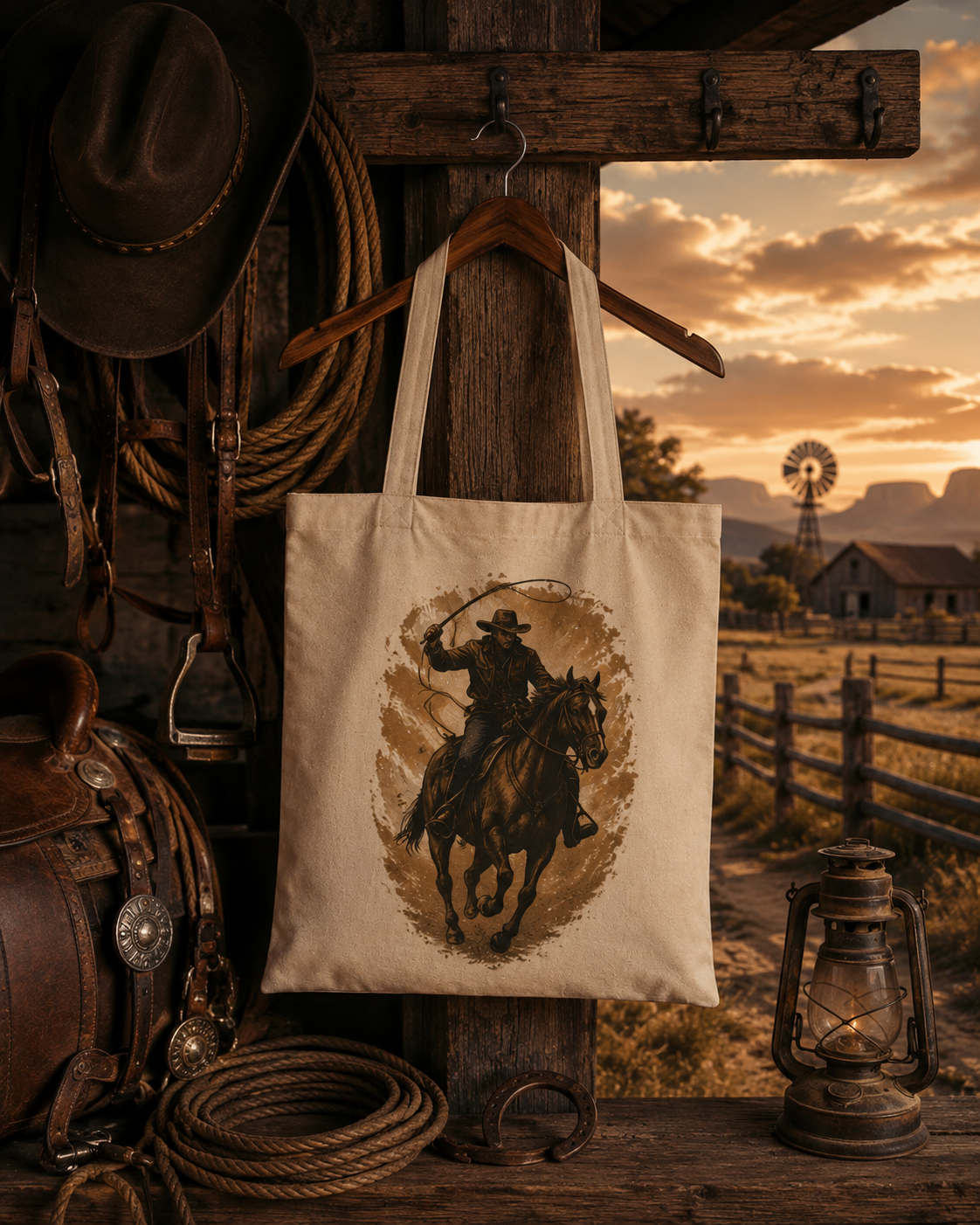 Cowboy Horse Tote Bag | Western Ranch Canvas Bag | Rustic Equestrian Gift