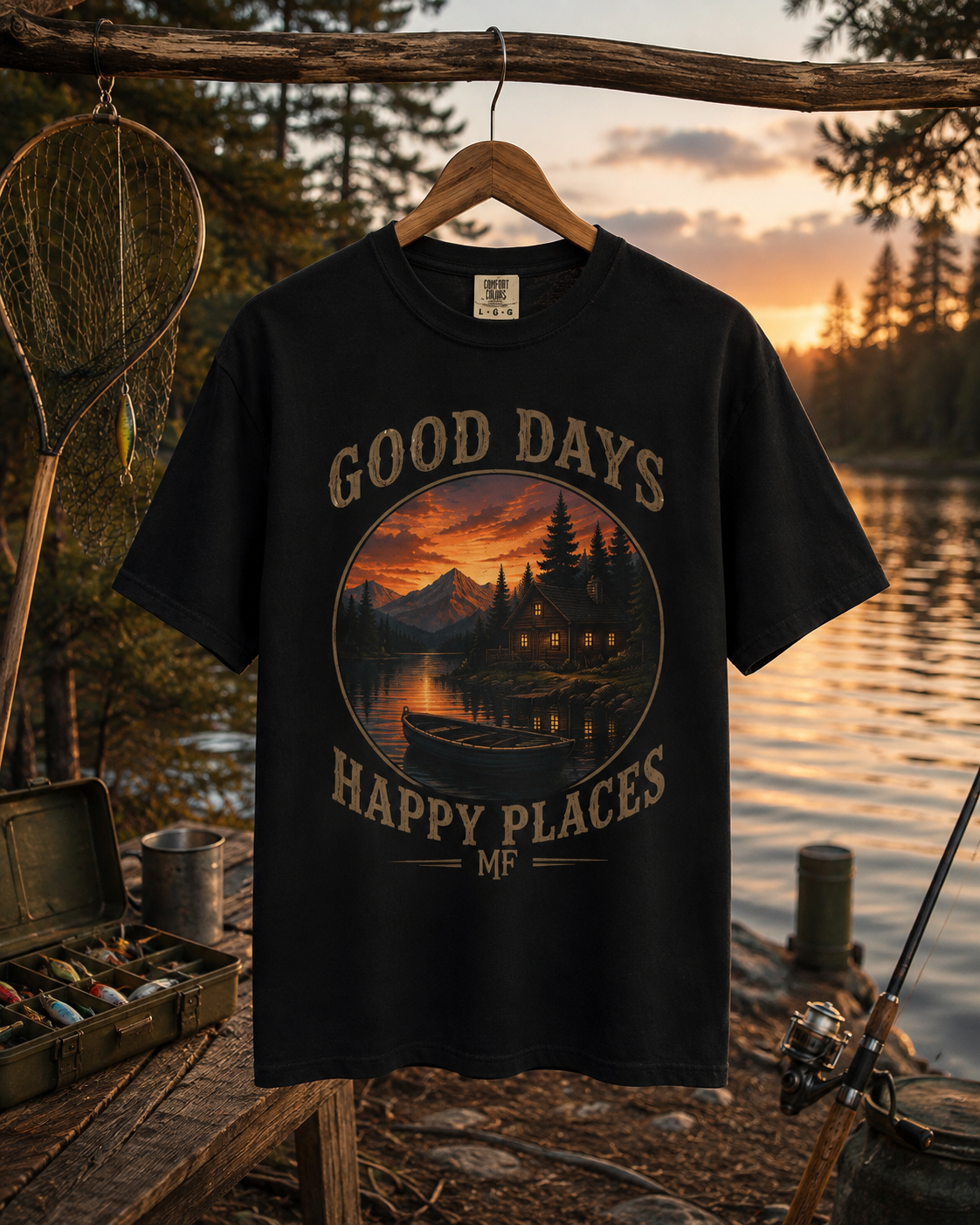 Good Days Happy Places T-Shirt | Vintage Lake Cabin Sunset Nature Tee