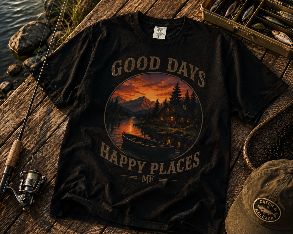 Good Days Happy Places T-Shirt | Vintage Lake Cabin Sunset Nature Tee
